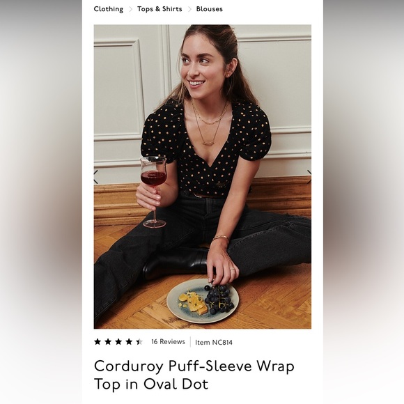 Madewell NWOT Corduroy Puff-Sleeve Wrap Top in Oval Dot size small - Picture 3 of 9